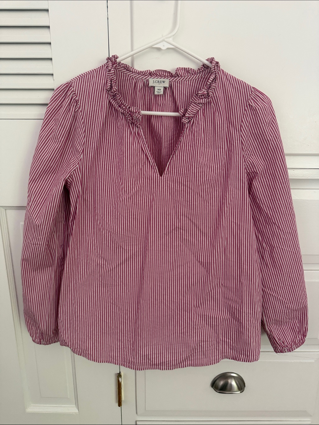 J. Crew Pink And White Striped Ruffle V-Neck Blouse